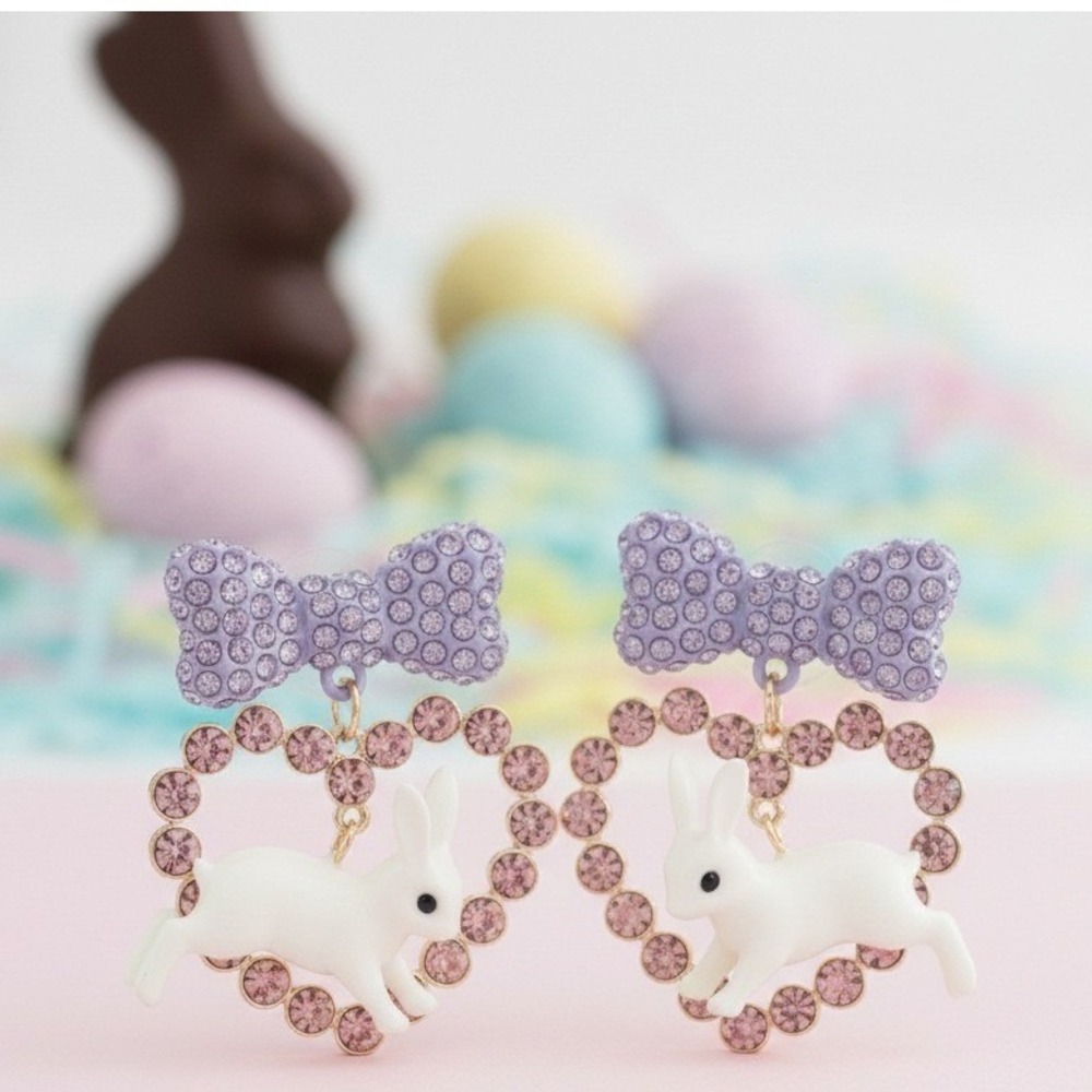 Betsey Johnson Easter Bunny Bow Heart Earrings Pink Lavender Gold Tone - NEW
